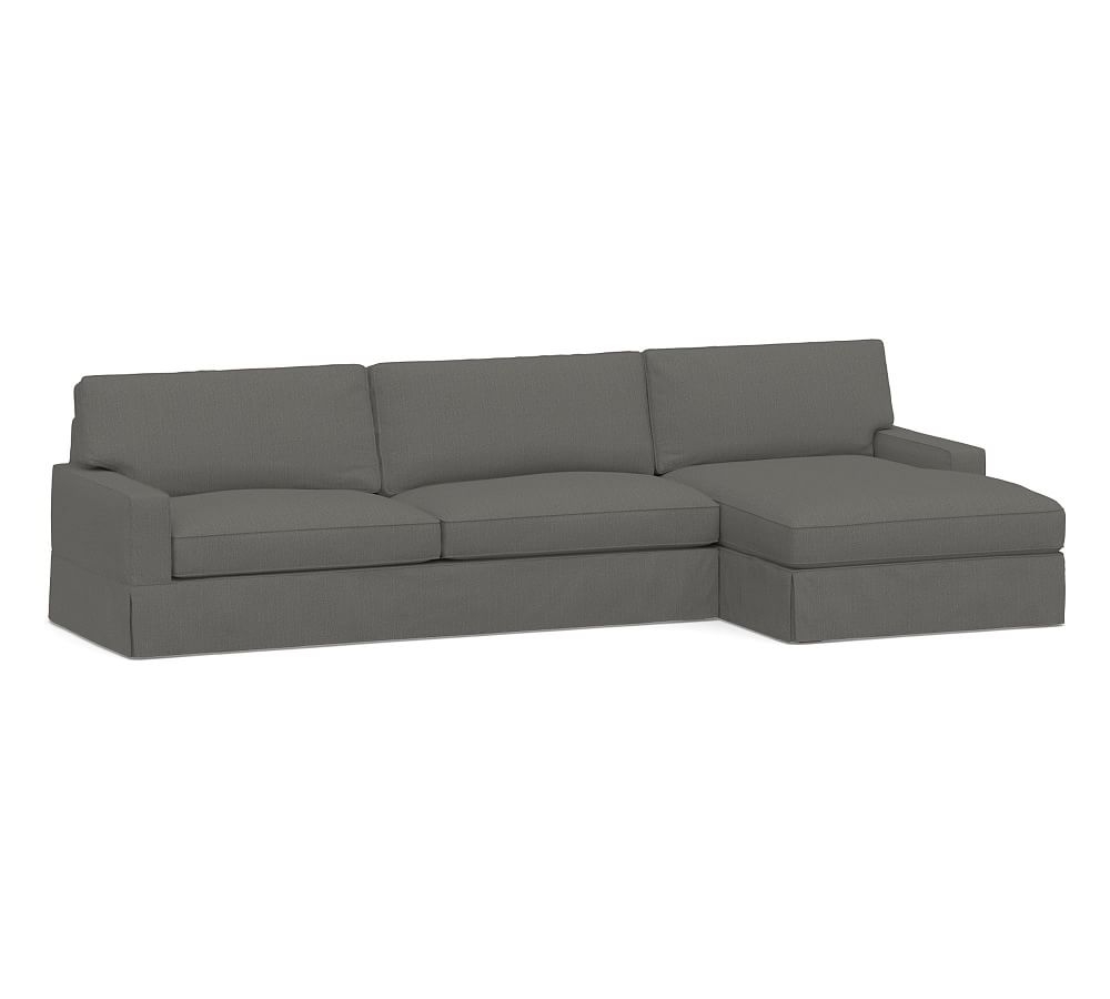 PB Comfort Square Arm Slipcovered Left Arm Sofa with Double Chaise Sectional, Box Edge Down Blend Wrapped Cushions, Sunbrella(R) Performance Boss Herringbone Charcoal - Image 0