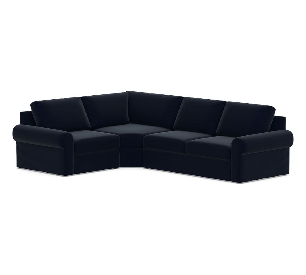 Big Sur Roll Arm Slipcovered Right Arm 3-Piece Wedge Sectional, Down Blend Wrapped Cushions, Performance Plush Velvet Navy - Image 0
