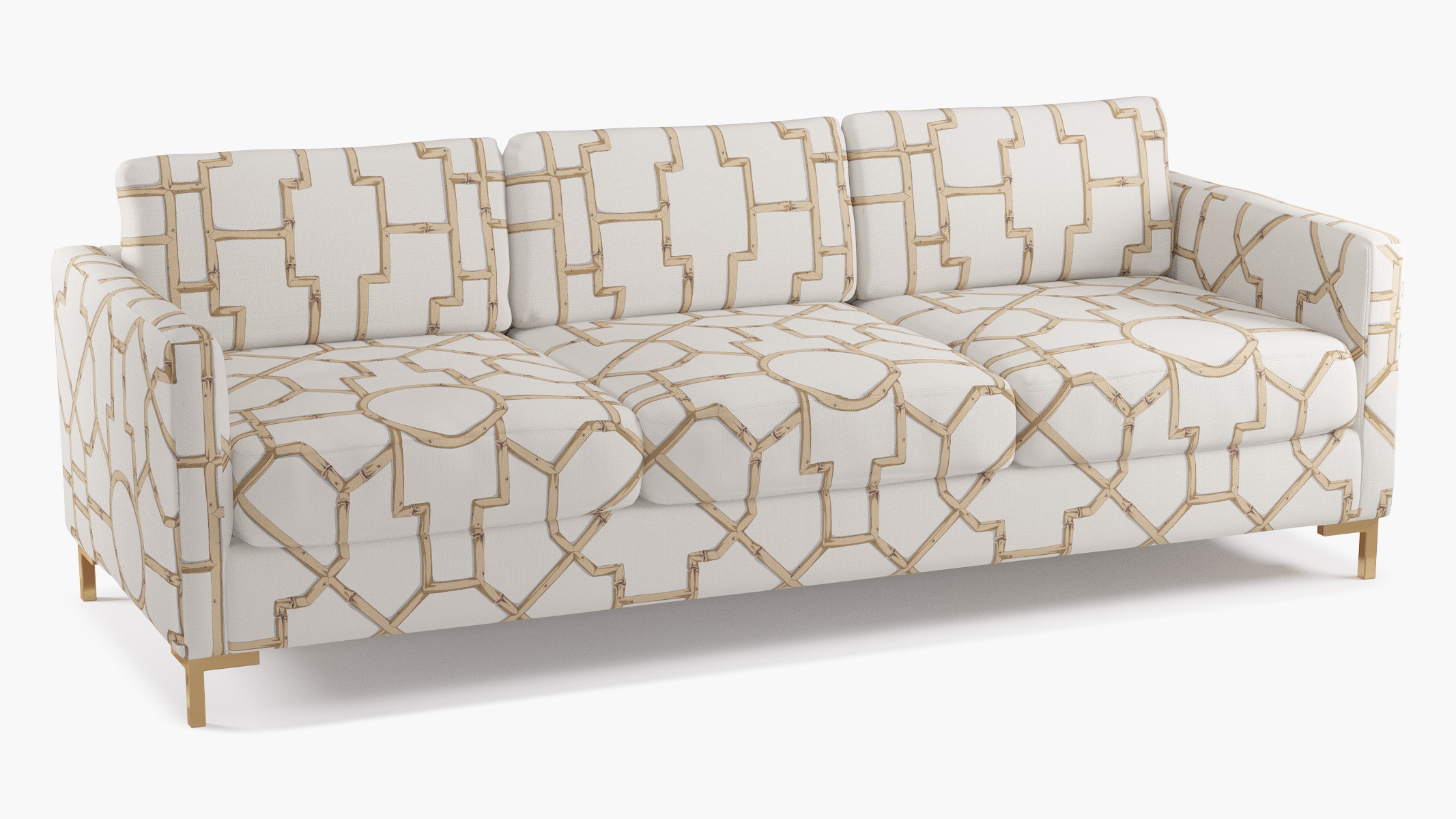 Modern Sofa, Tan Baldwin Bamboo, Brass L Leg - Image 1