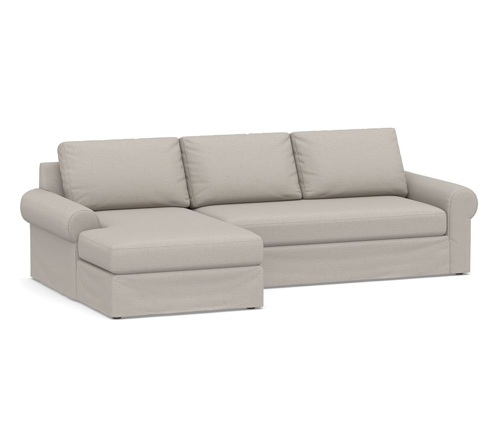 Big Sur Roll Arm Slipcovered Right Arm Loveseat with Chaise Sectional and Bench Cushion, Down Blend Wrapped Cushions, Chunky Basketweave Stone - Image 0