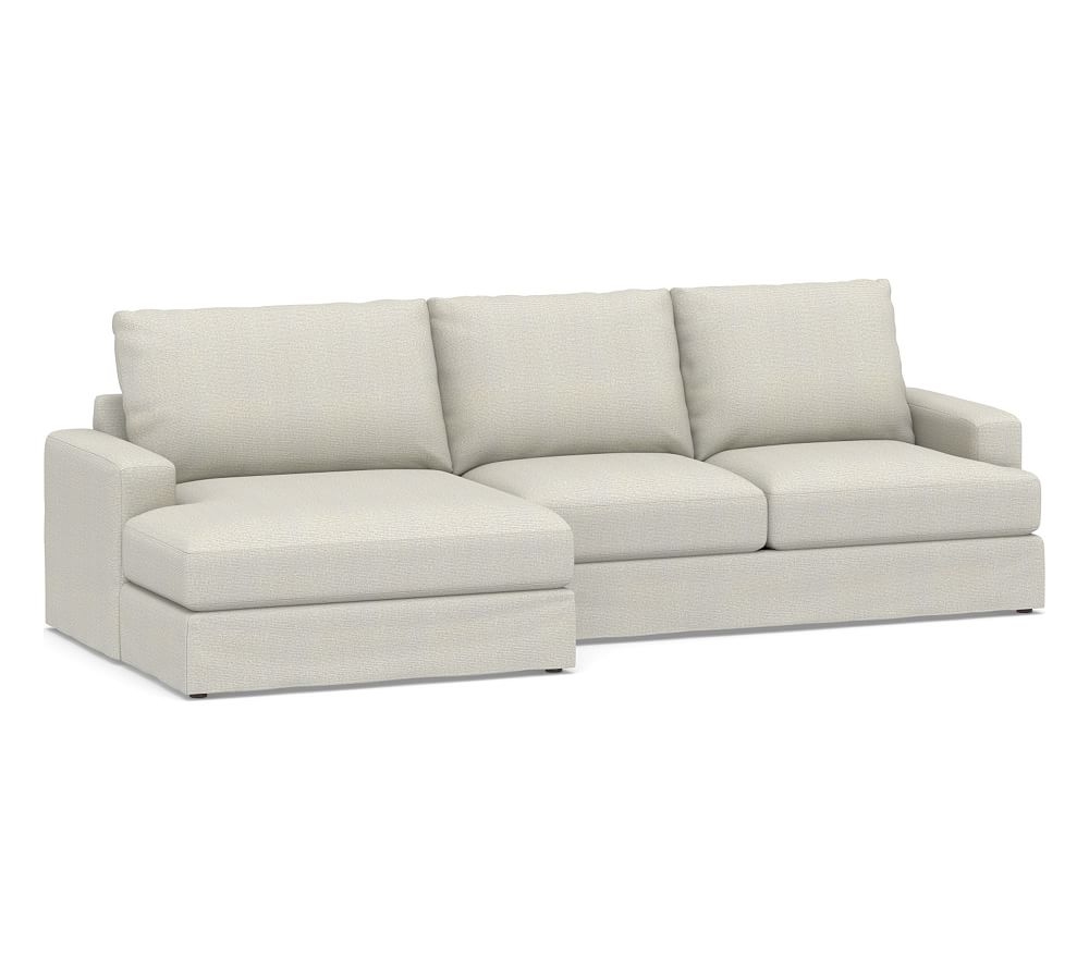 Canyon Square Arm Slipcovered Right Arm Loveseat with Double Chaise Sectional, Down Blend Wrapped Cushions, Performance Heathered Basketweave Dove - Image 0