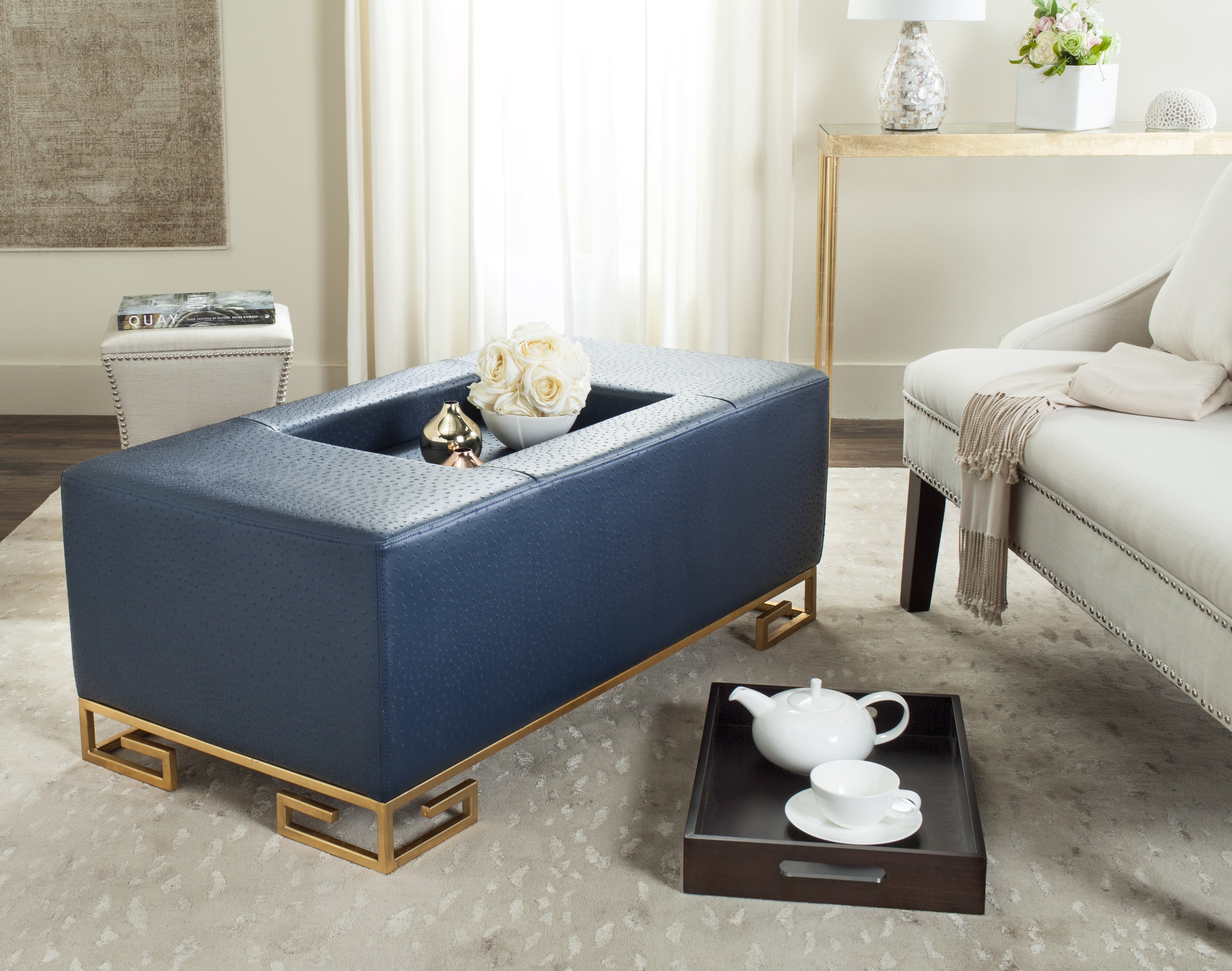Julian Faux Ostrich Tray Ottoman/Coffee Table - Navy/Espresso - Safavieh - Image 6