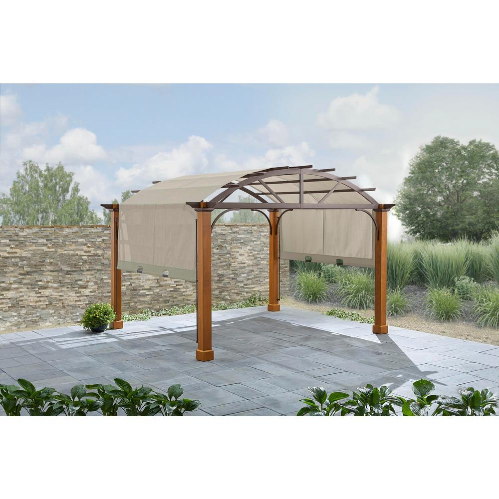 Hampton Bay 10 ft. x 12 ft. Longford Wood Outdoor Patio Pergola with Sling Canopy, Browns / Tans - Image 0