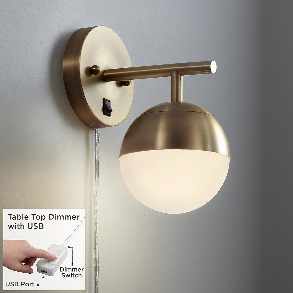360 Lighting Luna 10" Globe Brass Plug-In Wall Lamp with USB Dimmer - Image 0