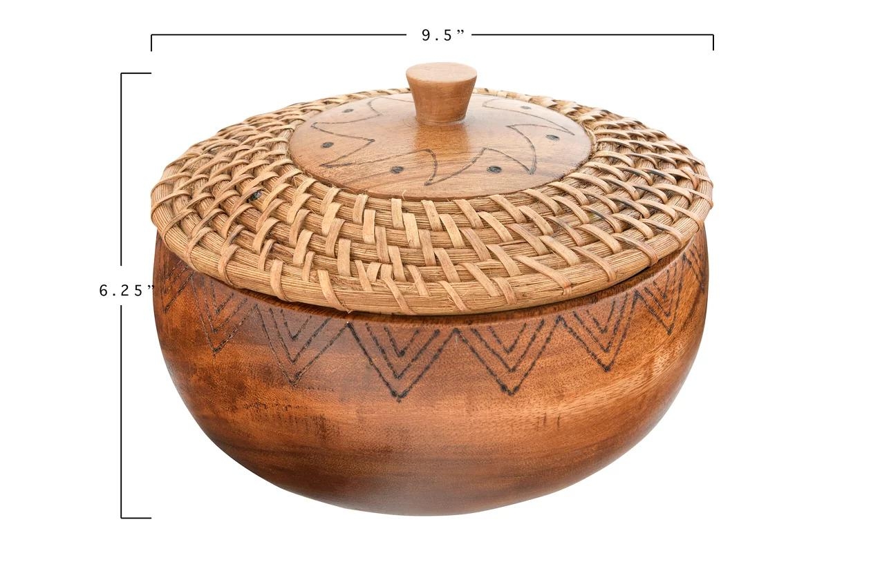 Round Woven Rattan & Acacia Wood Container with Lid & Burned Design, 9.5" - Image 6