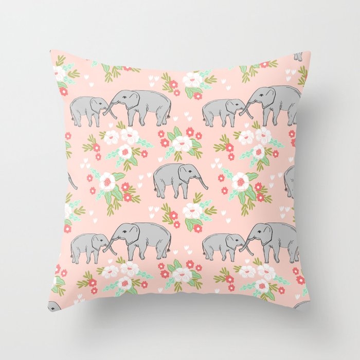 Elephants Pattern Blush Pink Pastel With Florals Cute Nursery Baby Animals Lucky Gifts Throw Pillow by Charlottewinter - Cover (24" x 24") With Pillow Insert - Indoor Pillow - Image 0
