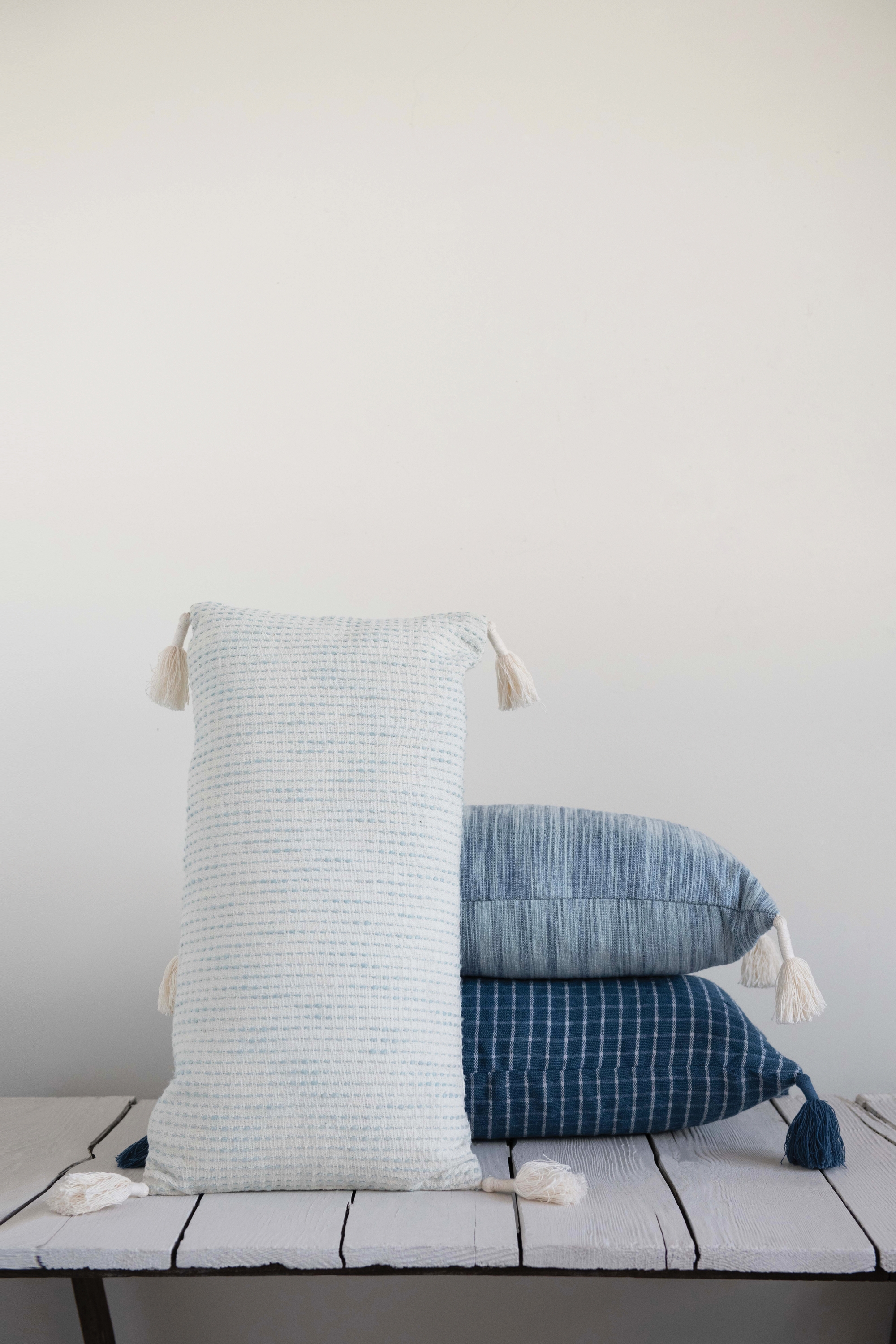 Lumbar Pillows with Tassel Corners, Blue & White Jute & Cotton, Set of 3, 24" x 12" - Image 2