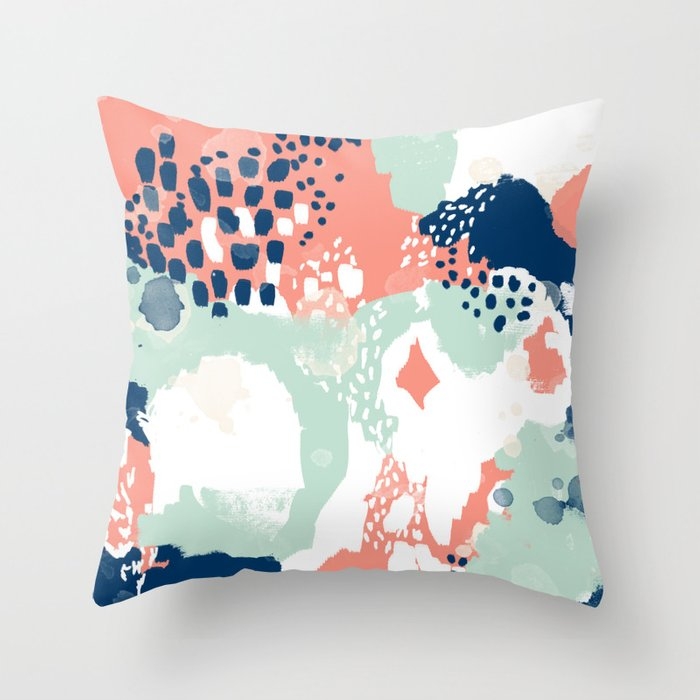Kayl - Abstract Painting Minimal Coral Mint Navy Color Palette Boho Hipster Decor Nursery Throw Pillow by Charlottewinter - Cover (18" x 18") With Pillow Insert - Outdoor Pillow - Image 0