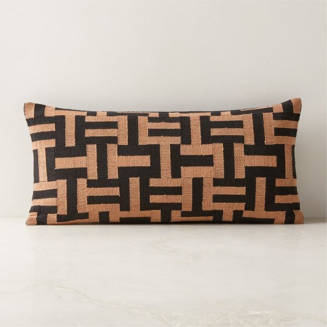Reno Brown and Black Embroidered Cotton Lumbar Pillow with Down-Alternative Insert 23"x11" - Image 0