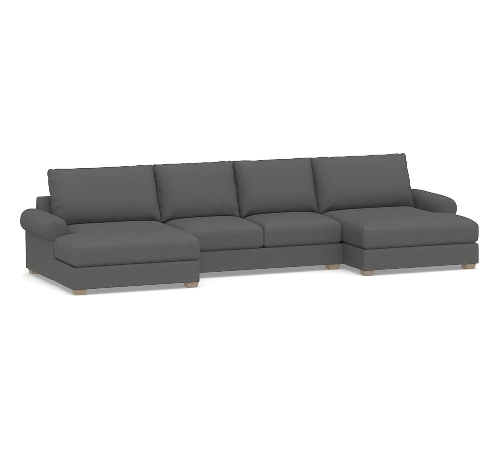 Canyon Roll Arm Upholstered U-Double Chaise Loveseat Sectional, Down Blend Wrapped Cushions, Park Weave Charcoal - Image 0