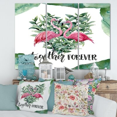 Flamingo Floral Heart With Eucalyptus Leaves - 3 Piece Wrapped Canvas Painting - Image 0