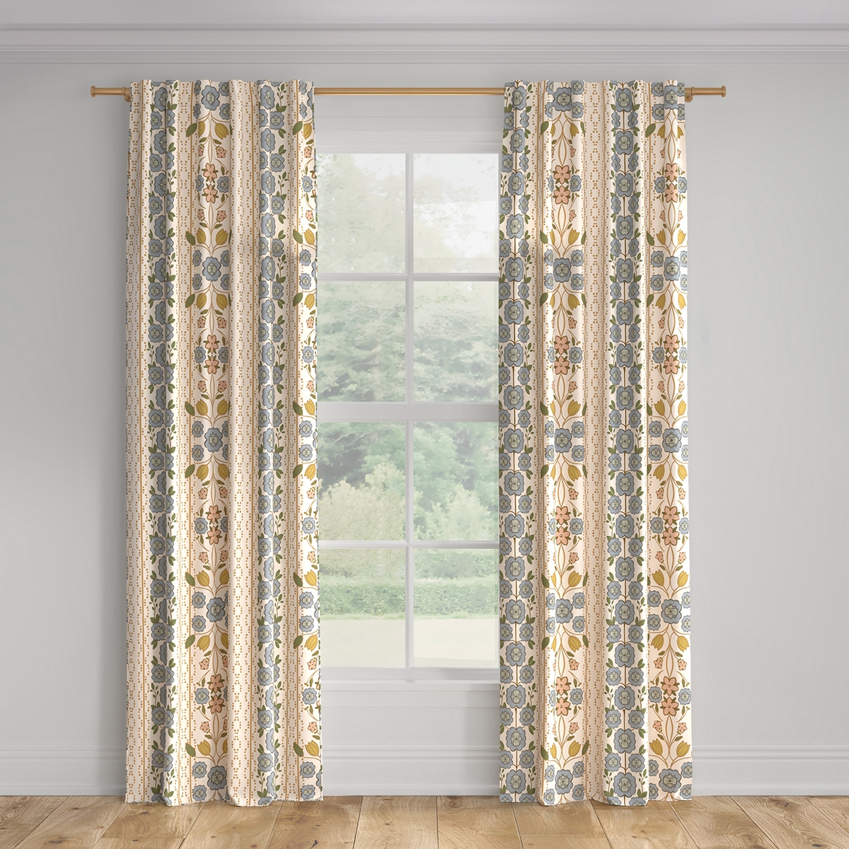 Printed Linen Curtain, Colonial Blue Floriline, 50" x 108", Blackout - Image 0