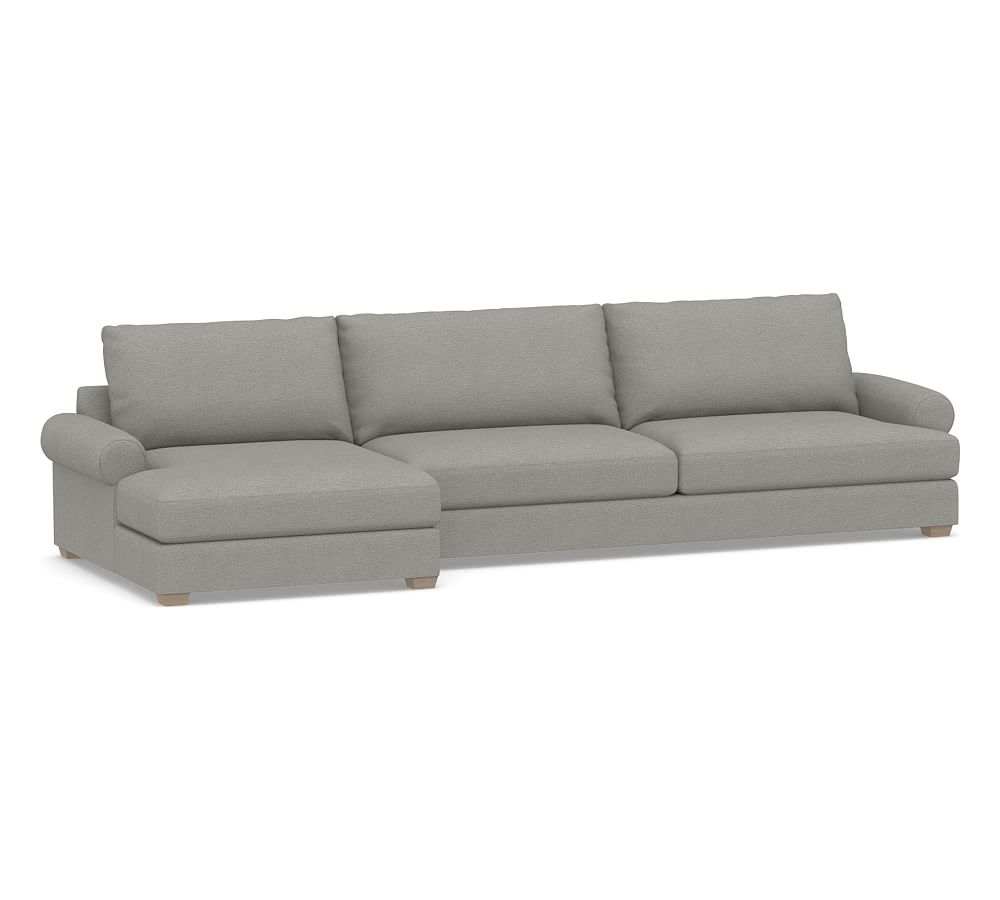 Canyon Roll Arm Upholstered Right Arm Sofa with Double Chaise SCT, Down Blend Wrapped Cushions, Performance Heathered Basketweave Platinum - Image 0