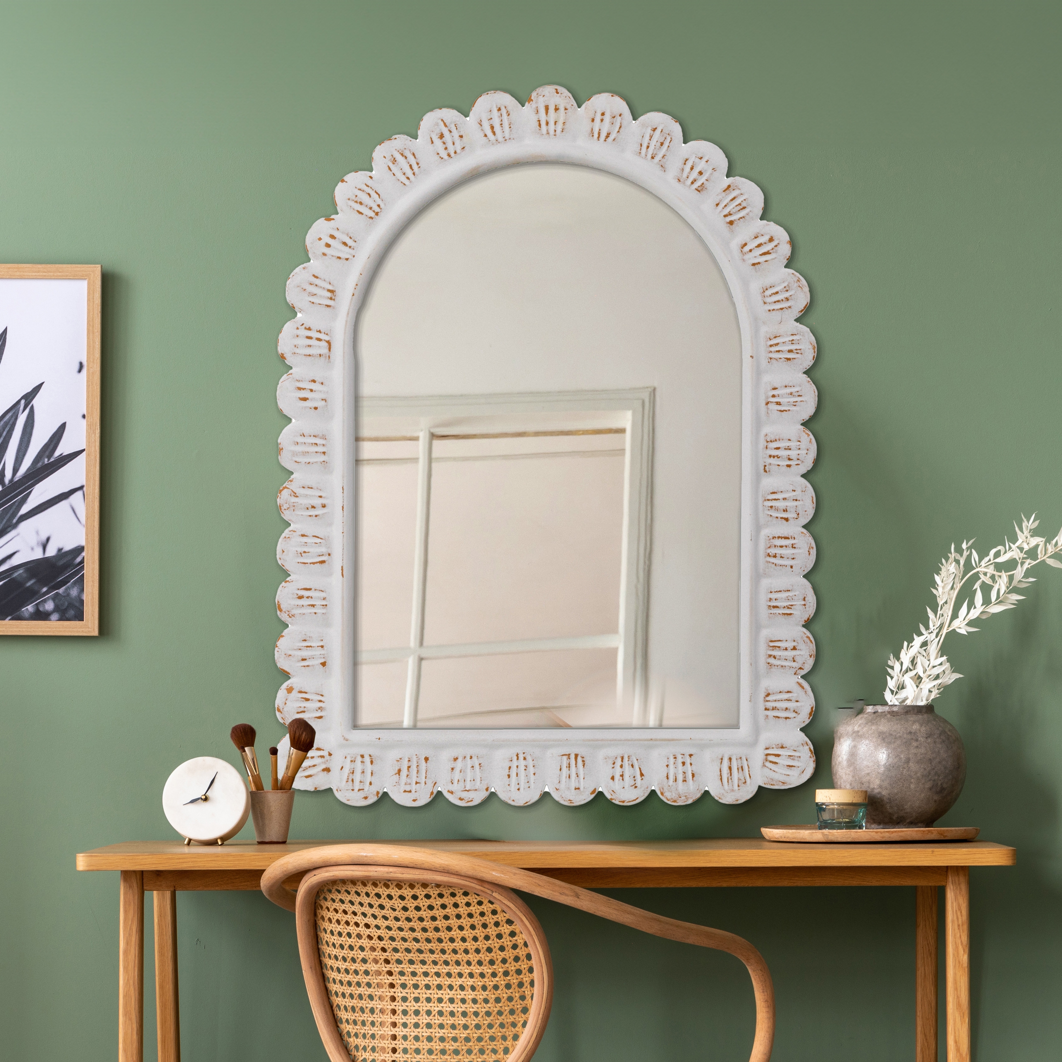 Arched Raised Scallop Pattern Wood Wall Mirror, White - Image 0