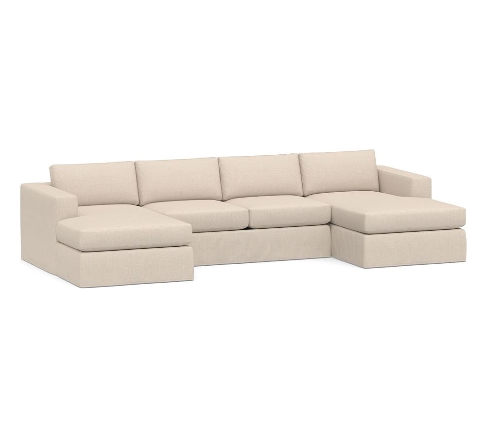 Carmel Square Arm Slipcovered U-Chaise Loveseat Sectional, Down Blend Wrapped Cushions, Performance Everydaylinen(TM) Oatmeal - Image 0