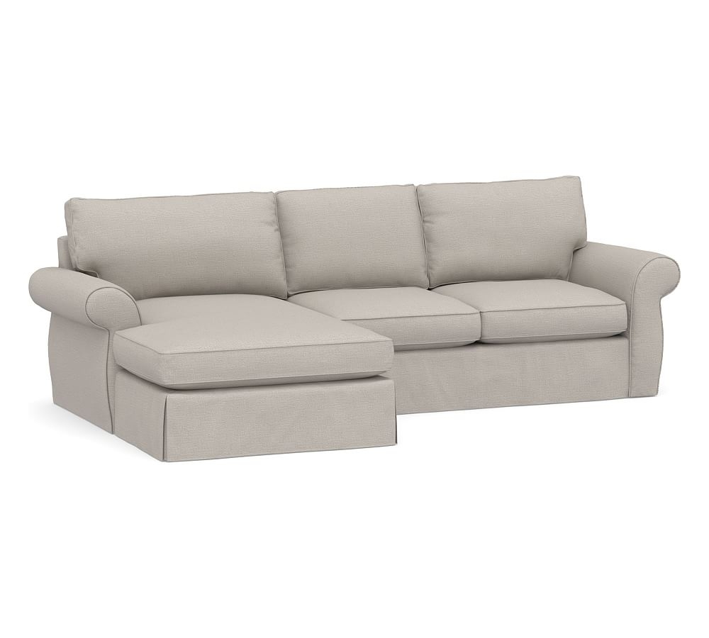 Pearce Roll Arm Slipcovered Right Arm Loveseat with Double Wide Chaise Sectional, Down Blend Wrapped Cushions, Chunky Basketweave Stone - Image 0