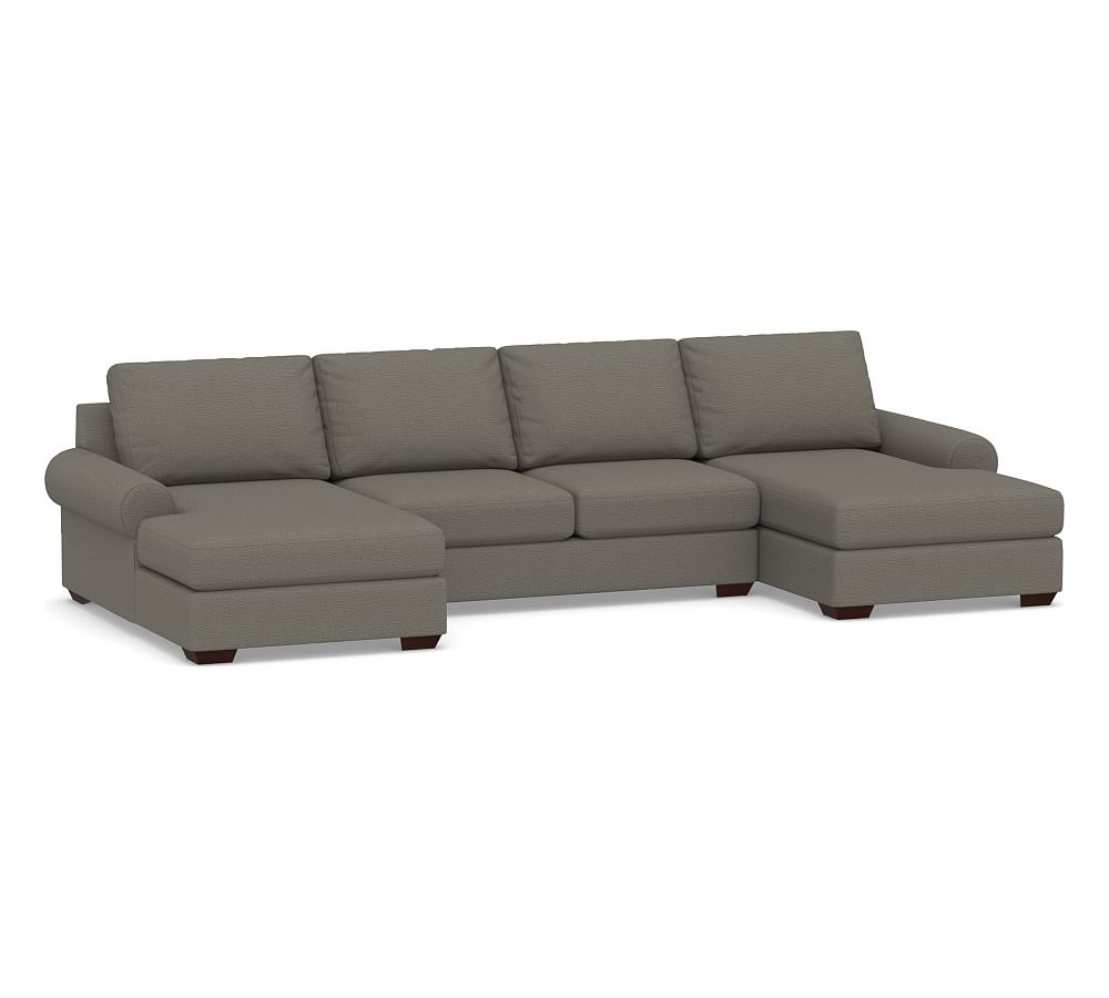 Big Sur Roll Arm Upholstered U-Chaise Loveseat Sectional, Down Blend Wrapped Cushions, Chunky Basketweave Metal - Image 0