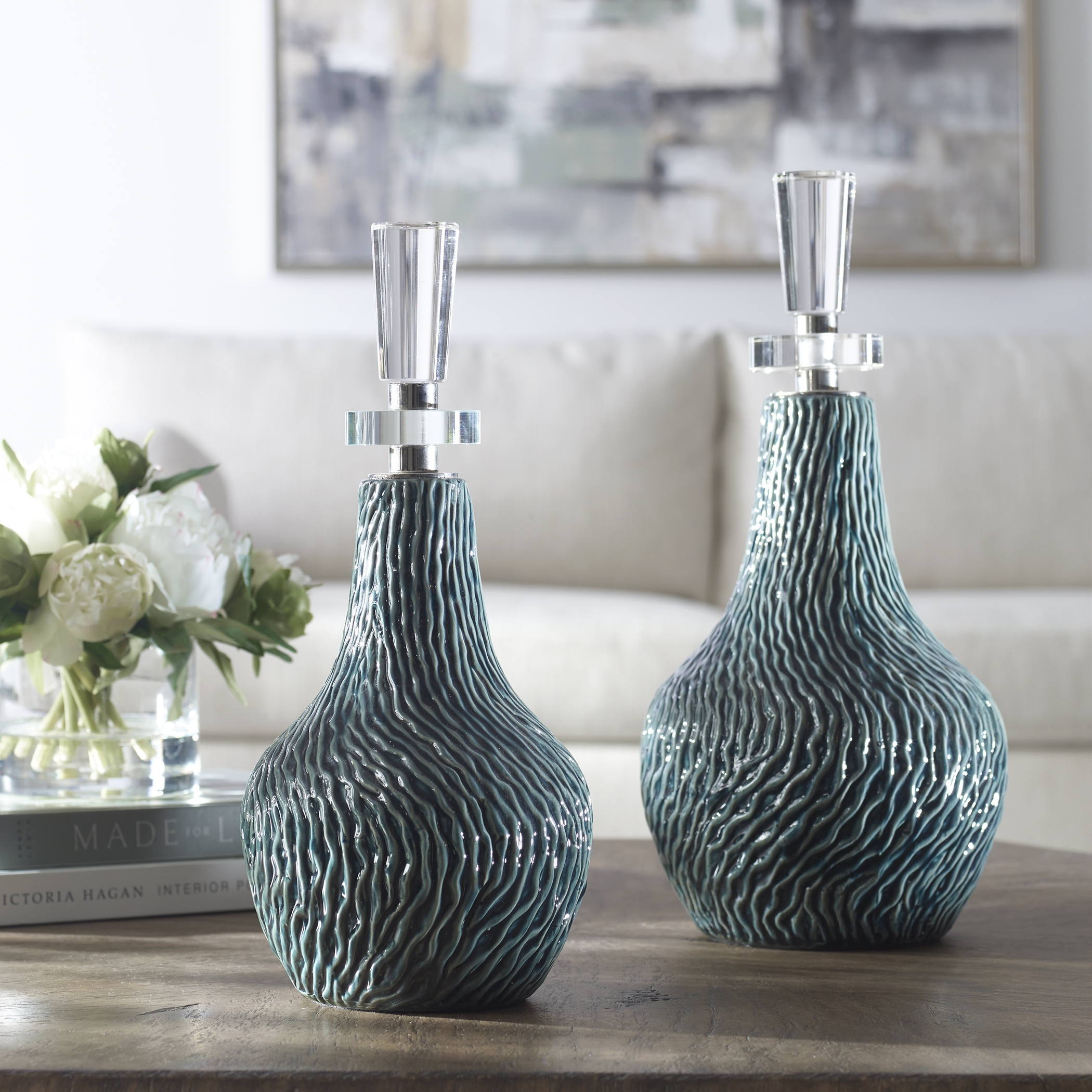 Almera Dark Teal Bottles, S/2 - Image 1