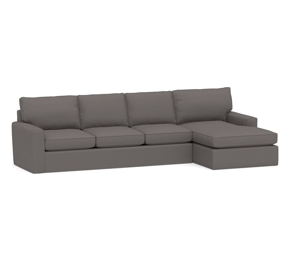 Pearce Square Arm Slipcovered Left Arm Sofa with Double Chaise Sectional, Down Blend Wrapped Cushions, Sunbrella(R) Performance Slub Tweed Charcoal - Image 0