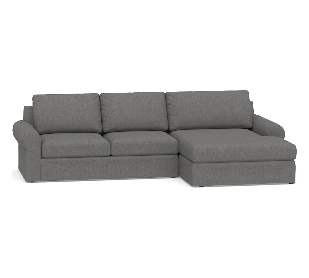 Big Sur Roll Arm Slipcovered Left Arm Loveseat with Double Chaise Sectional, Down Blend Wrapped Cushions, Performance Brushed Basketweave Slate - Image 0