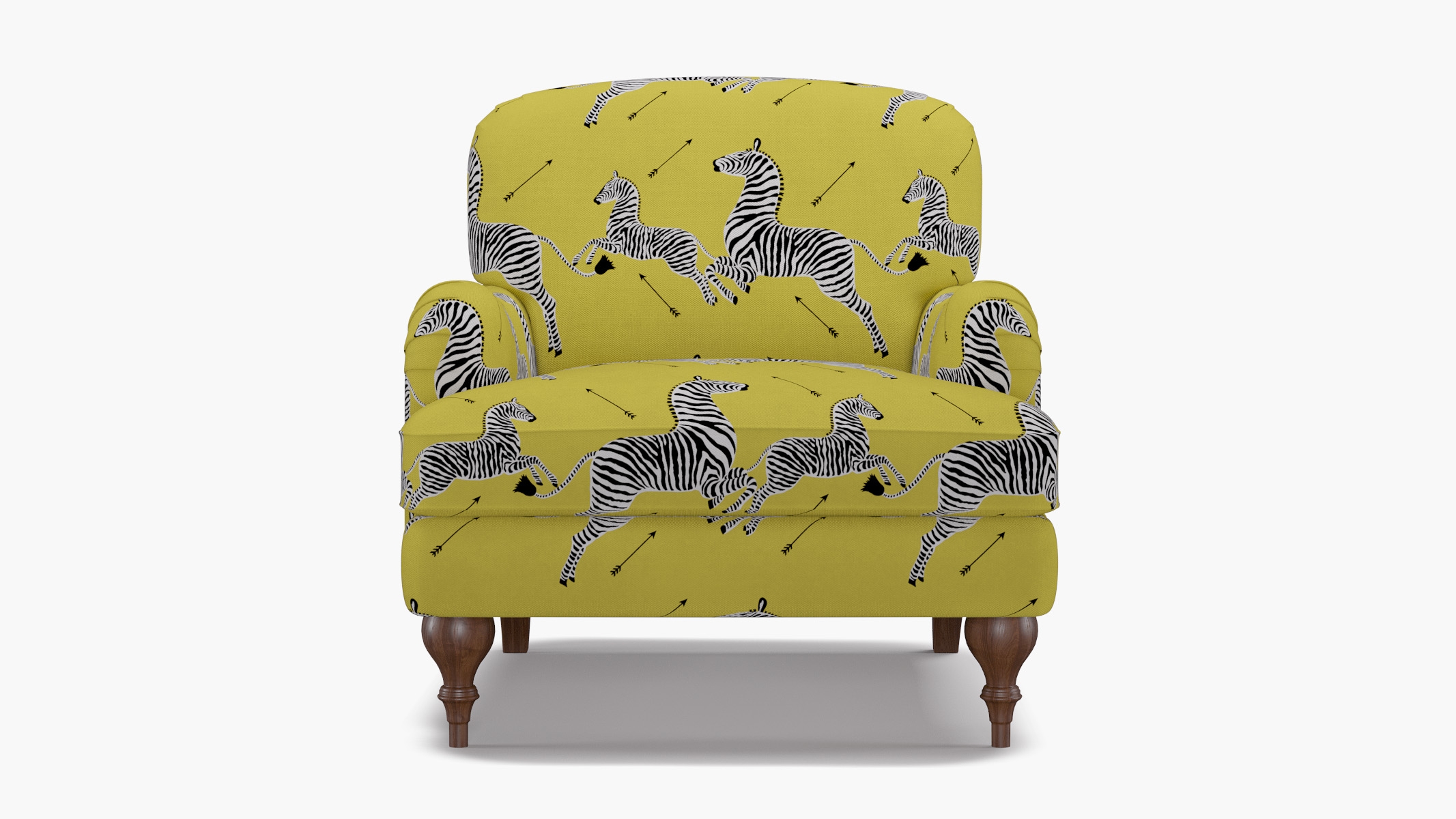 English Roll Arm Chair, Yellow Zebra, Walnut Turned Wood Leg - Image 0