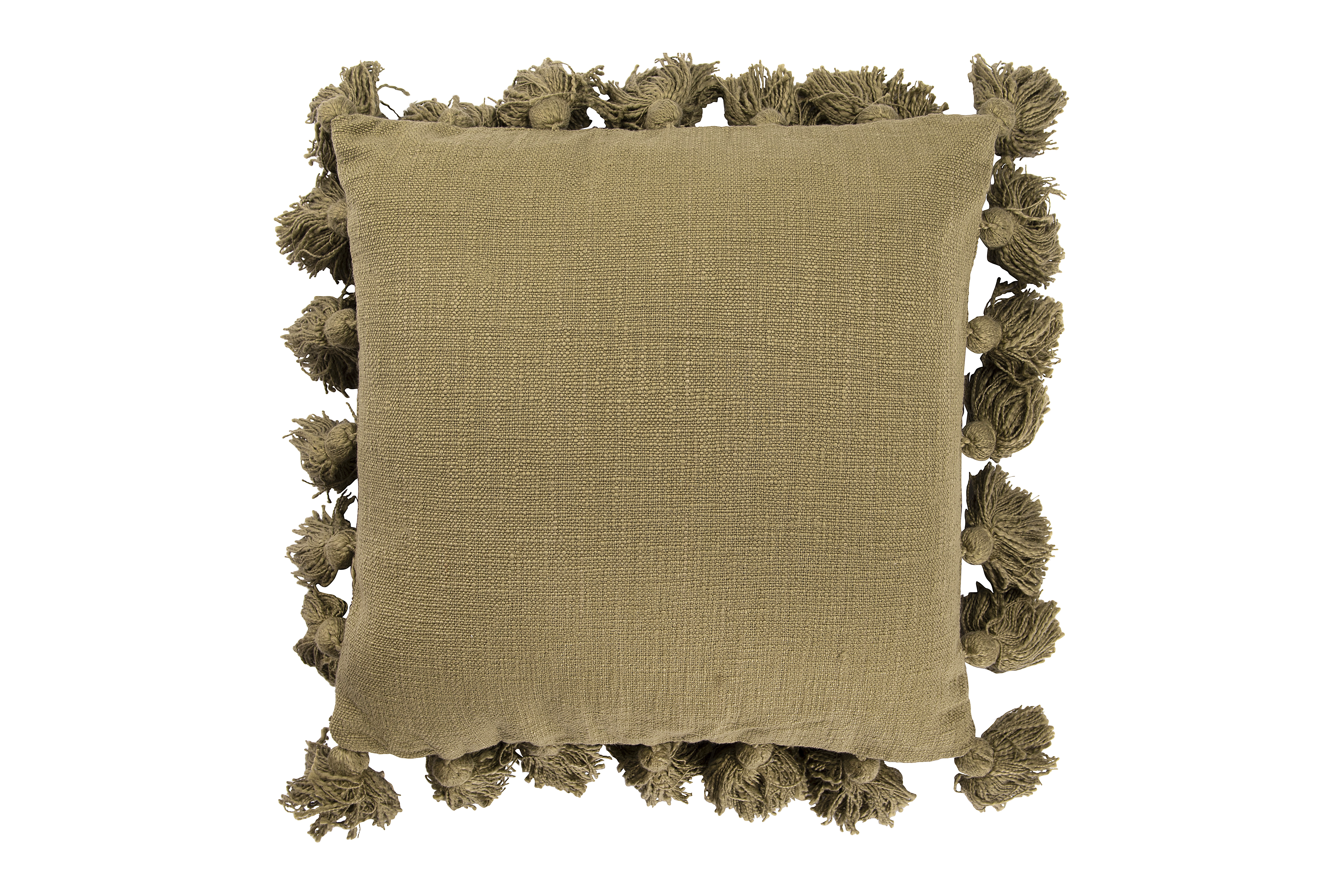 Square Olive Green Cotton Pillow with Tassel - Image 0
