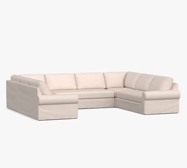 Big Sur Roll Arm Slipcovered U-Sofa Sectional with Bench Cushion, Down Blend Wrapped Cushions, Performance Slub Cotton Stone - Image 3