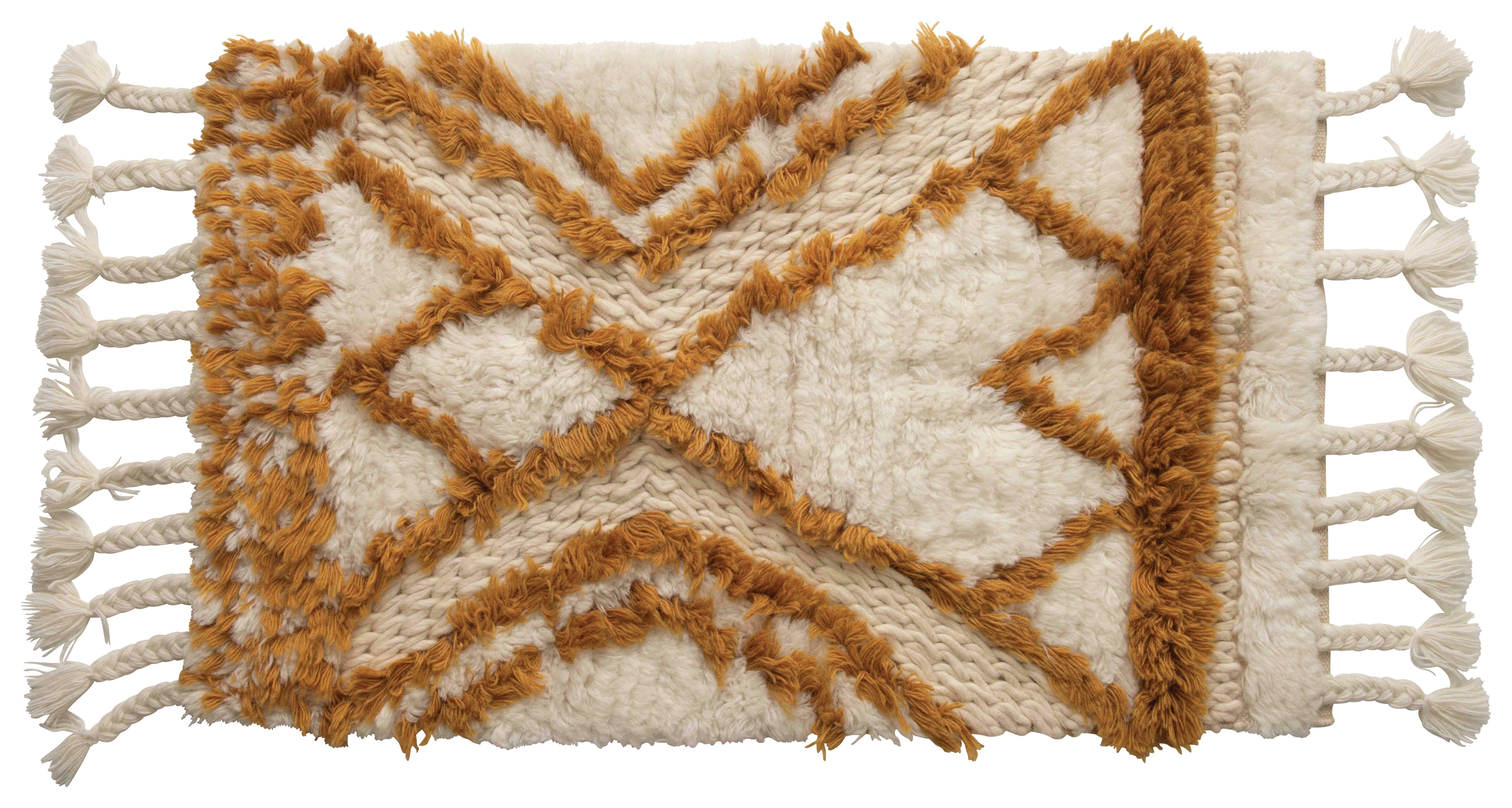 Creative Co-Op Boho Cotton Wool Tufted Rug with Geometric Pattern and Tassels, Natural and Mustard - Image 0