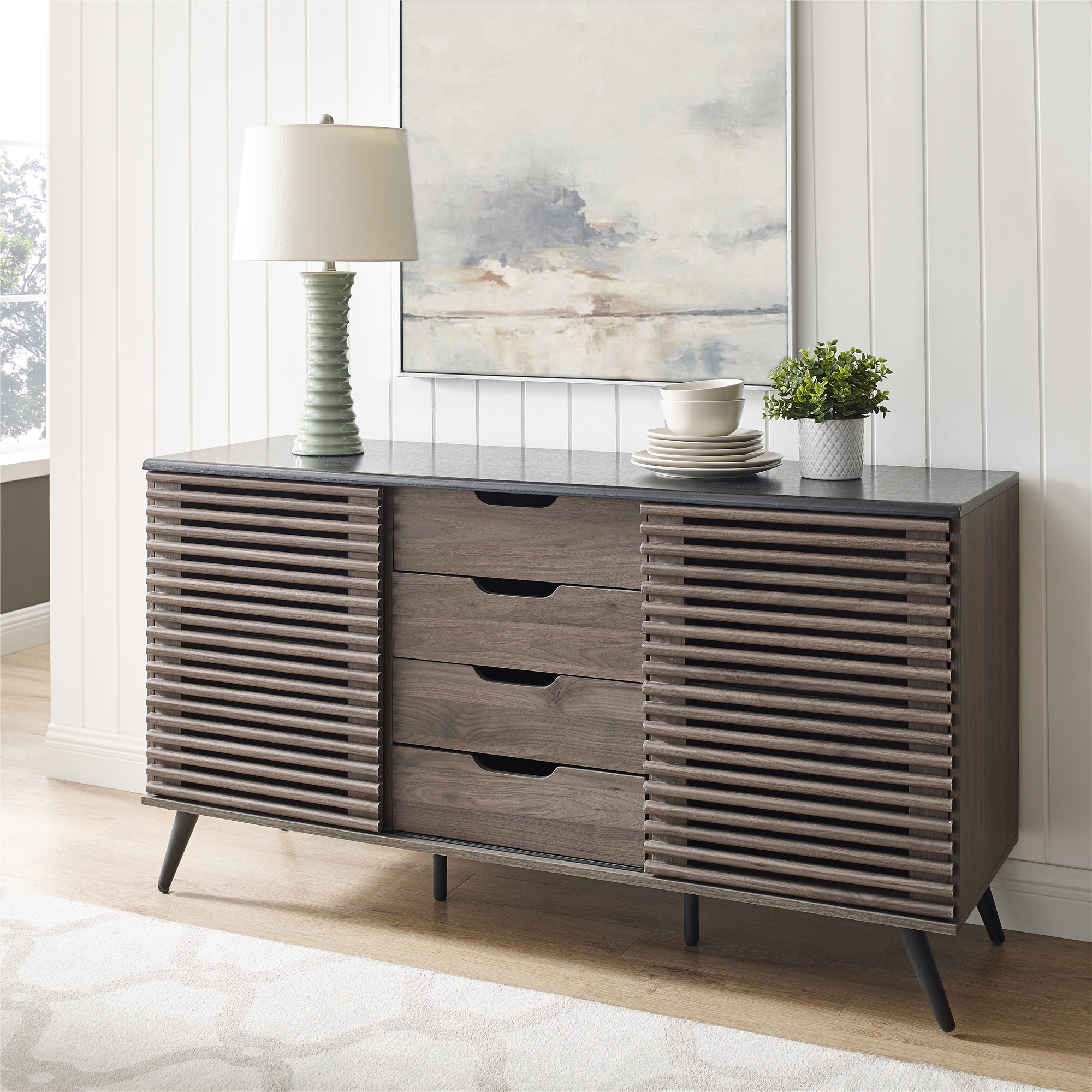 59" Havana Sliding Door 4 Drawer Sideboard - Ebony/Slate Grey - Image 4