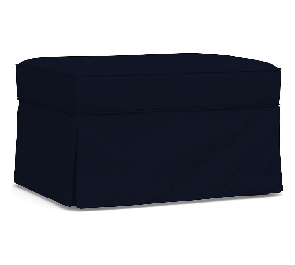 PB English Upholstered Ottoman, Polyester Wrapped Cushions, Performance Everydaylinen(TM) Navy - Image 0