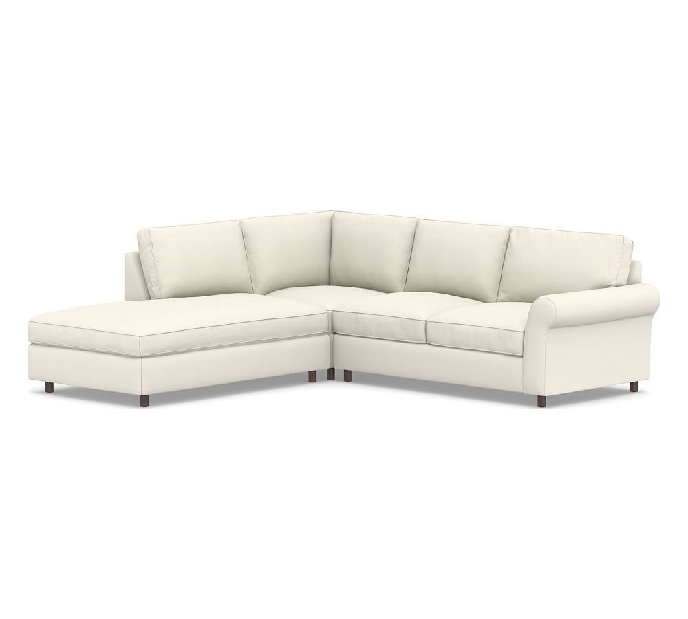 PB Comfort Roll Arm Upholstered Right 3-Piece Bumper Sectional, Box Edge Down Blend Wrapped Cushions, Textured Twill Ivory - Image 0