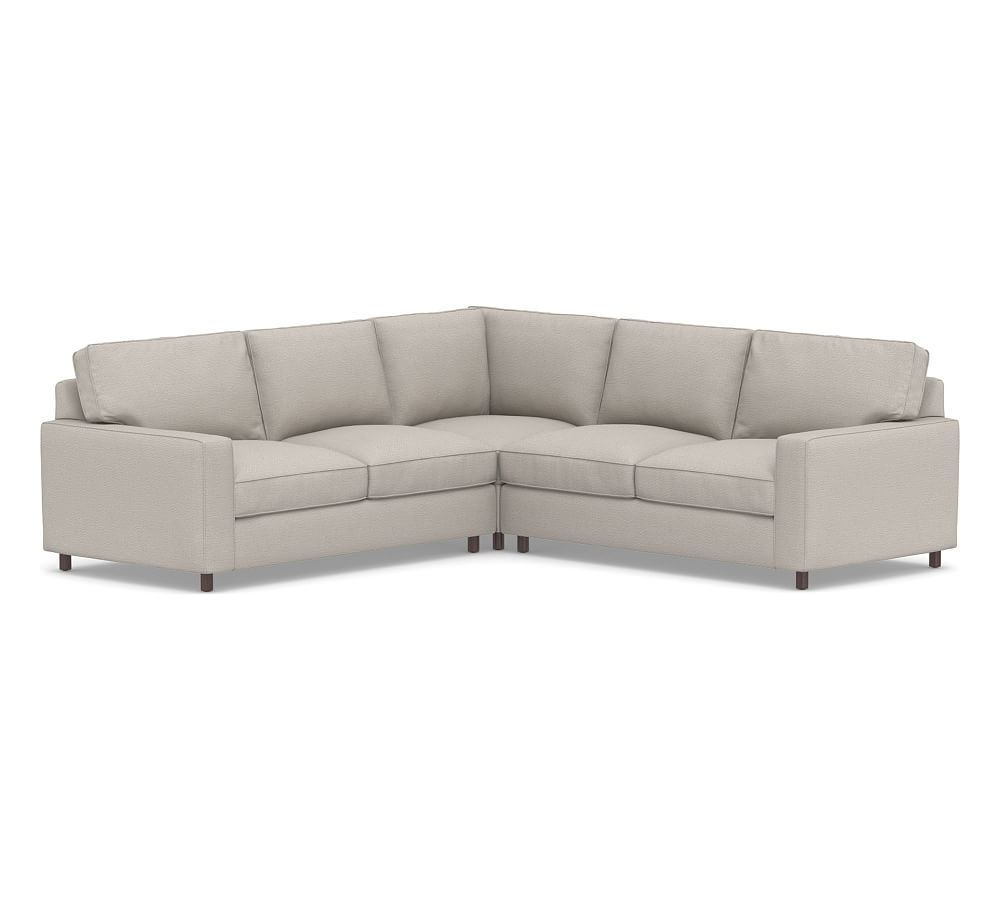 PB Comfort Square Arm Upholstered 3-Piece L-Shaped Corner Sectional, Box Edge, Down Blend Wrapped Cushions, Chunky Basketweave Stone - Image 0