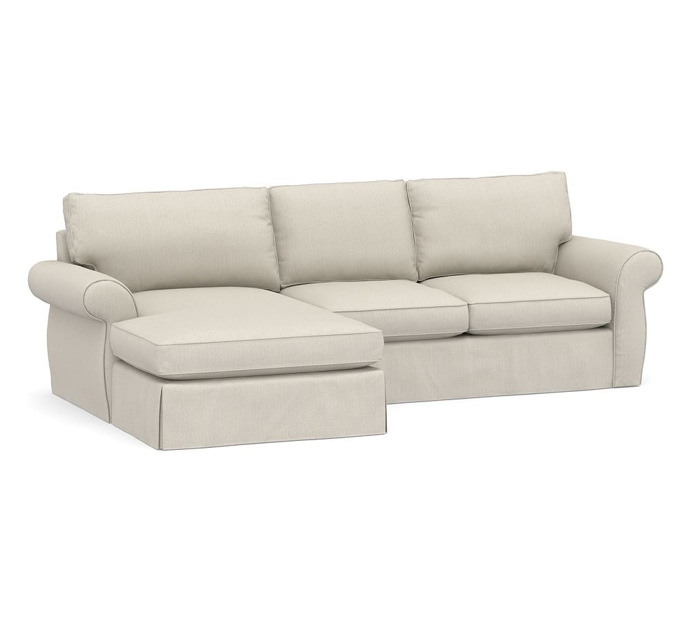 Pearce Roll Arm Slipcovered Right Arm Loveseat with Double Wide Chaise Sectional, Down Blend Wrapped Cushions, Sunbrella(R) Performance Boss Herringbone Pebble - Image 0