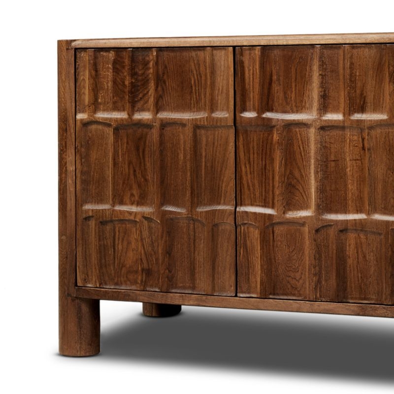 Ezri 82" Brown Carved Oak Wood Storage Media Console - Image 6