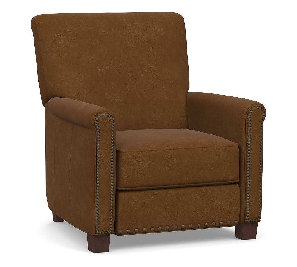 Irving Roll Arm Leather Power Tech Recliner with Bronze Nailheads, Polyester Wrapped Cushions, Aviator Umber - Image 0