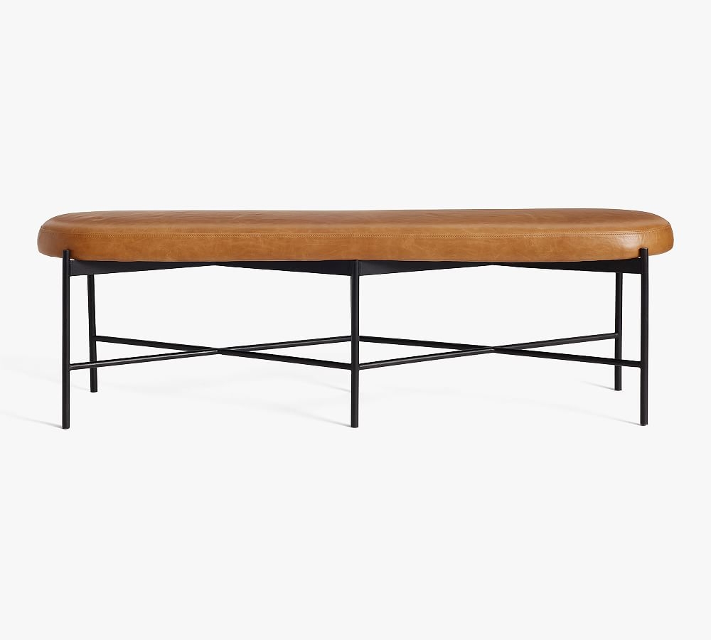 Maison Leather Non-Tufted Backless Bench, Bronze Frame, Statesville Caramel - Image 1