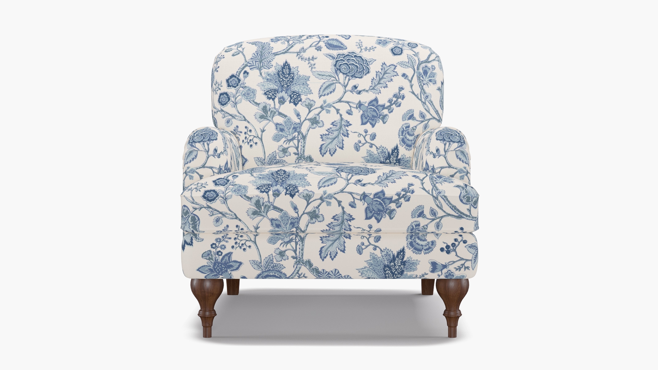 English Roll Arm Chair, Delft La Vendee, Walnut Turned Wood Leg - Image 0