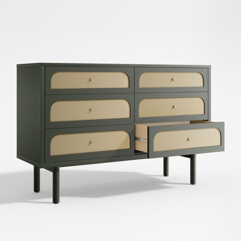 Maren Olive Green and Cane Wood 6-Drawer Dresser - Image 2