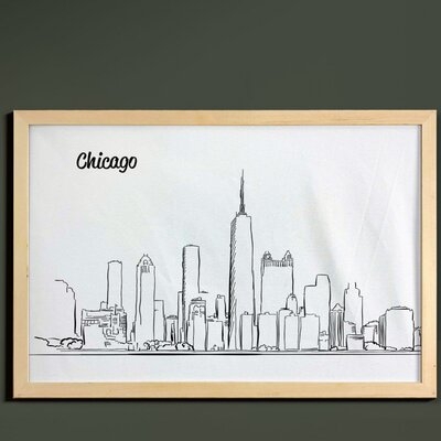 Ambesonne Chicago Skyline Wall Art With Frame, Hand Drawn City Silhouette Downtown Free Hand Sketch Of Panoramic Landmark, Printed Fabric Poster For Bathroom Living Room Dorms, 35" X 23", Black White - Image 0