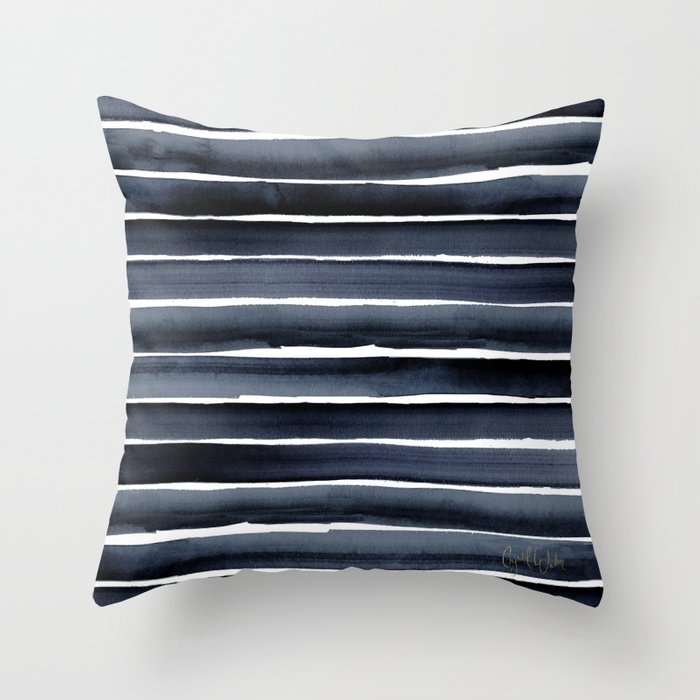 Navy Indigo Watercolor Stripe Throw Pillow by Crystal W Design - Cover (16" x 16") With Pillow Insert - Outdoor Pillow - Image 0