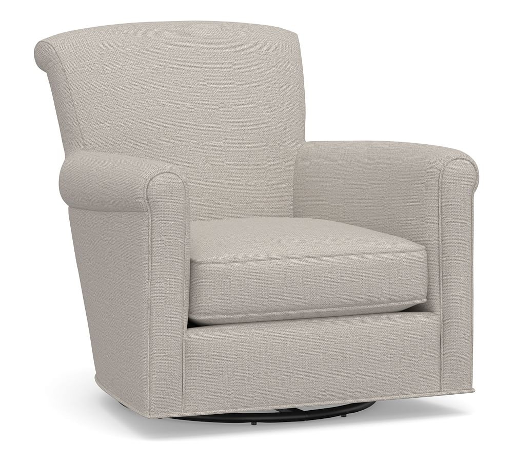 Irving Roll Arm Upholstered Swivel Rocker, Polyester Wrapped Cushions, Chunky Basketweave Stone - Image 0