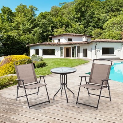 3pcs Patio Bistro Set With 2 Folding Chairs & Table Outdoor Dining Furniture W/ Round Textured Tempered Glass Tabletop, Rust-free Steel Frame, Space Saving For Balcony, Yard - Image 0