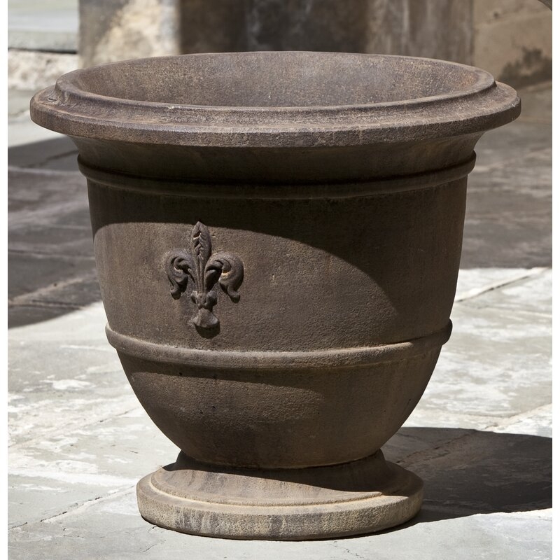  Fleur de Lis Cast Stone Urn Planter Color: Natural, Size: 17.25" H x 19" W x 19" D - Image 0