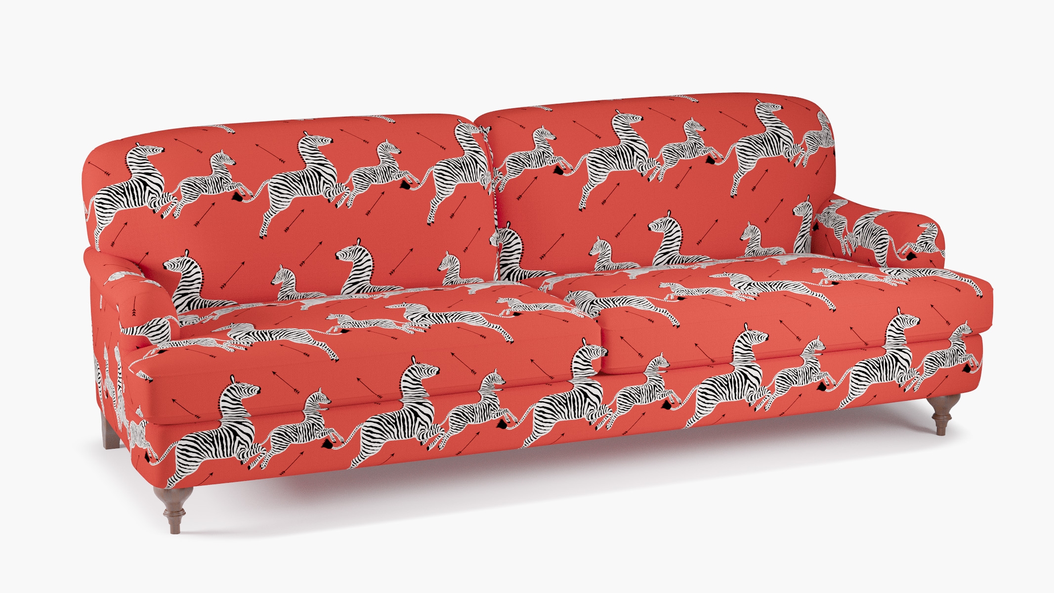 English Roll Arm Sofa, Coral Zebra, Walnut Turned Wood Leg - Image 1