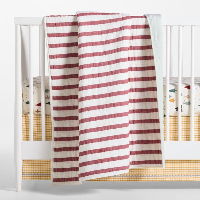 Red Striped Waffle Weave Organic Cotton Baby Crib Quilt - Image 0