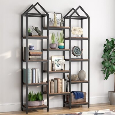 Rustic Triple Wide Bookcase, 12 Open Shelves Etagere Bookcase , Wood And Metal Display Shelf - Image 0