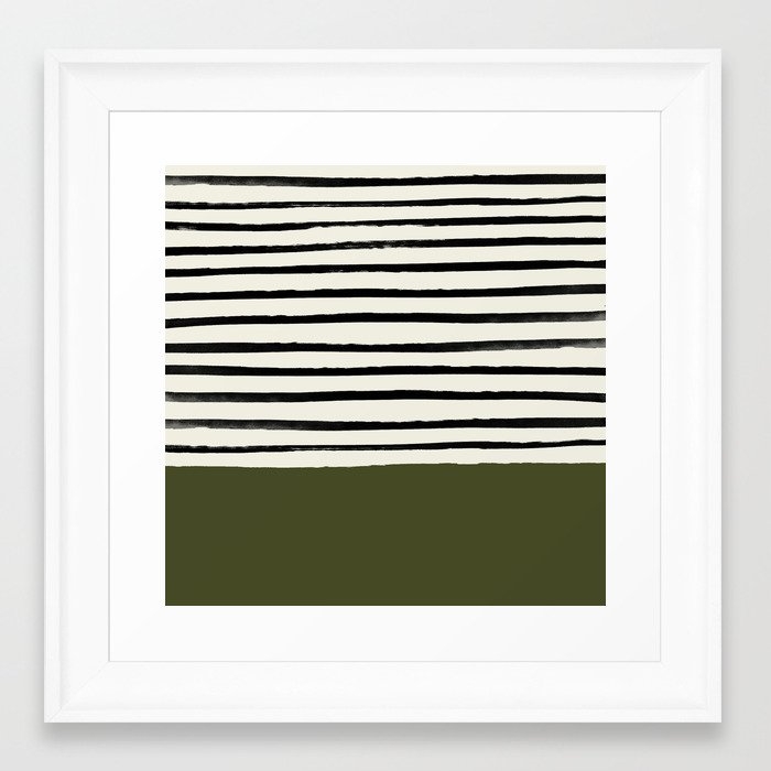 Olive Green X Stripes Framed Art Print by Leah Flores - Scoop White - X-Small-12x12 - Image 0