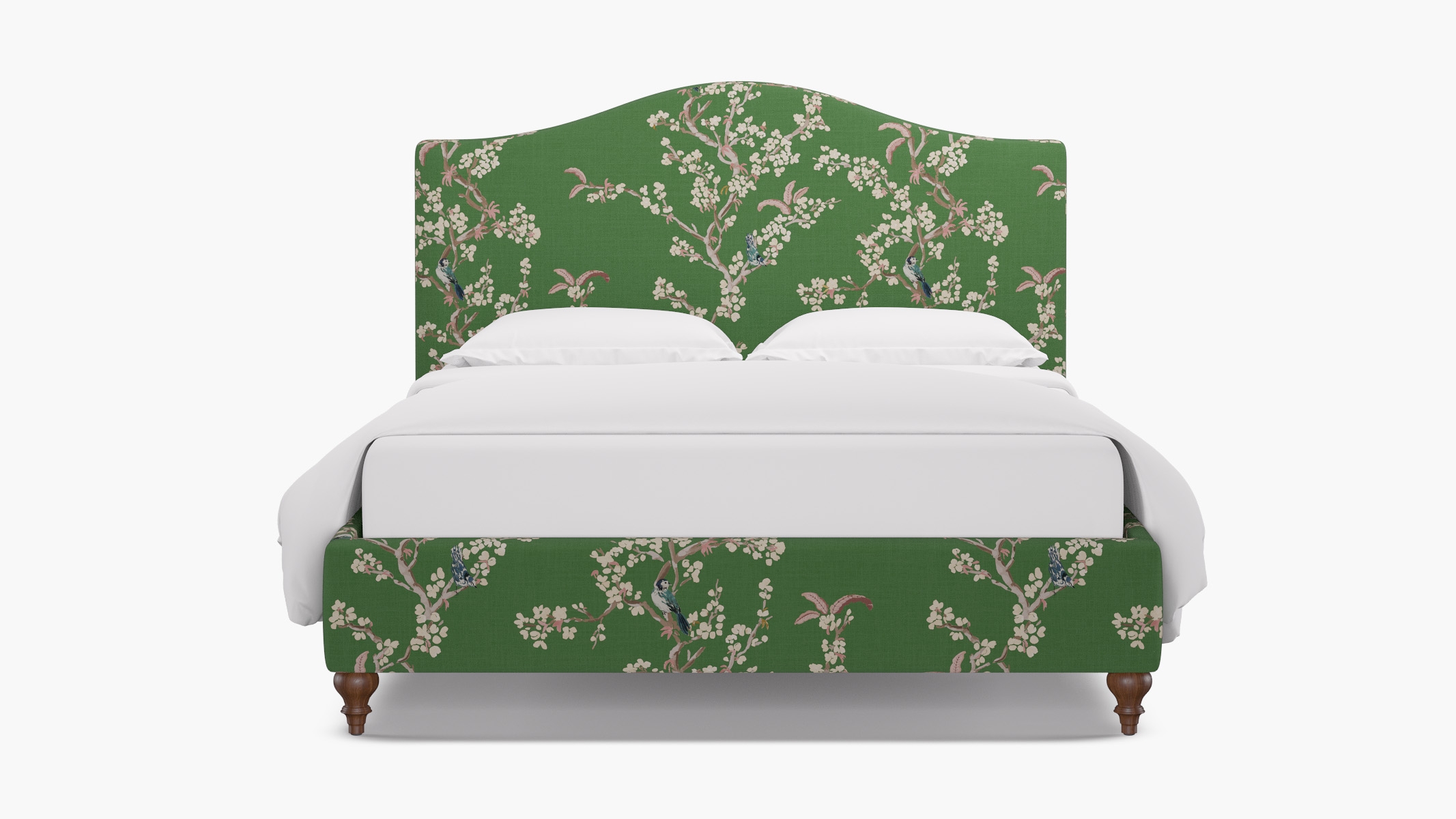 Camelback Bed, Jade Cherry Blossom, Walnut Traditional Turned Leg, King - Image 0