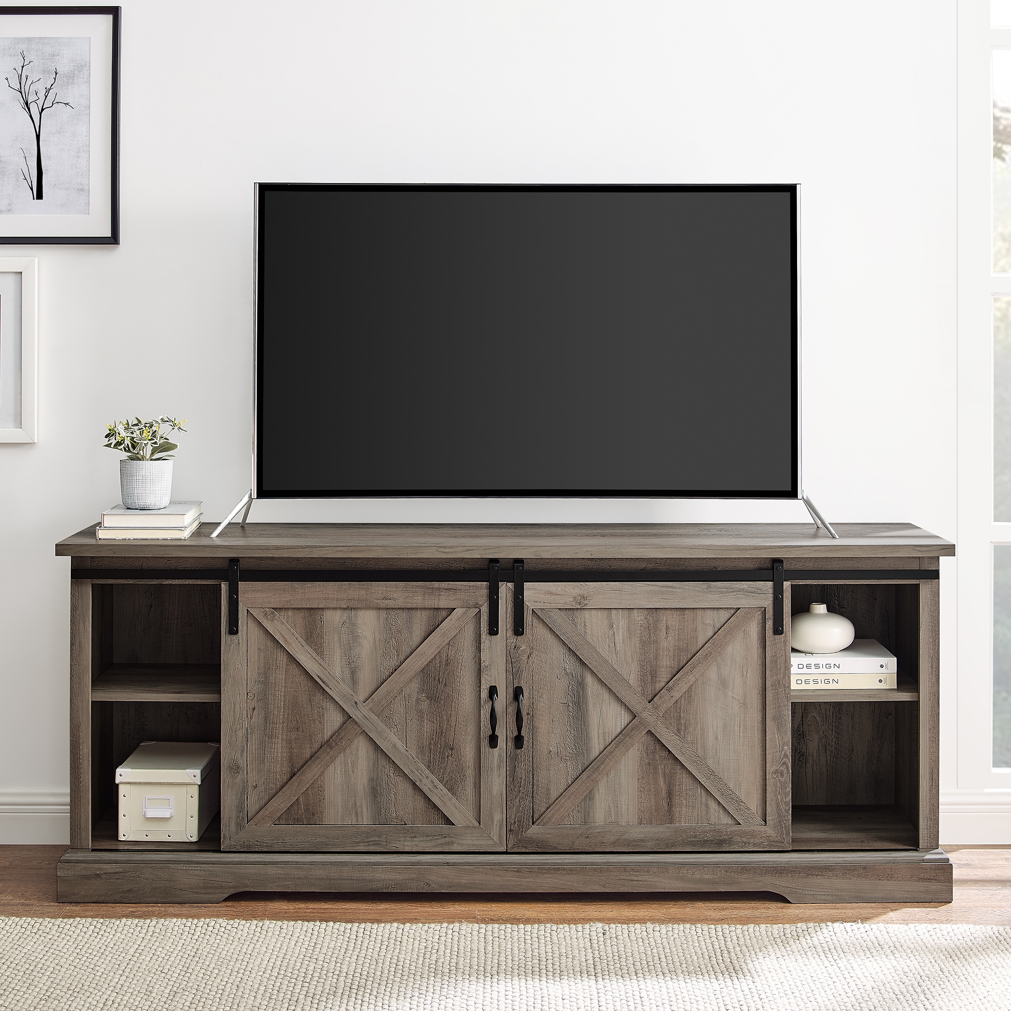 70" Sliding Barn Door TV Console - Grey Wash - Image 6