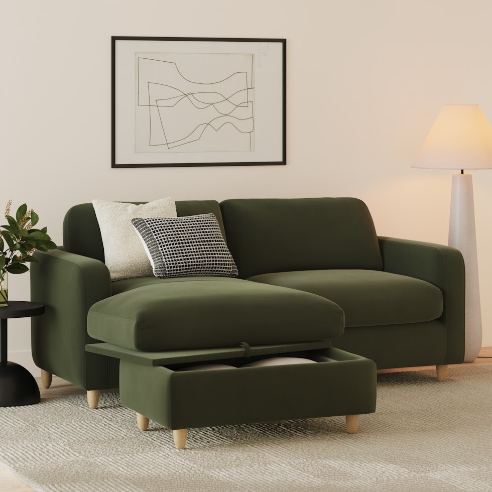 Vati 80" Velvet Left Storage Sectional -  Natural Oak and ale Fir Green - Image 1